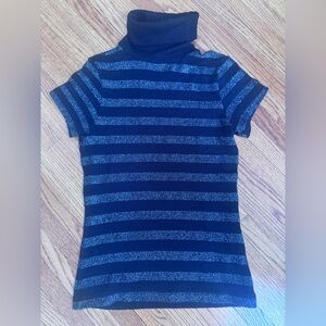 Navy and Sparkly Silver Striped Kids Turtleneck Short Sleeved Sweater
